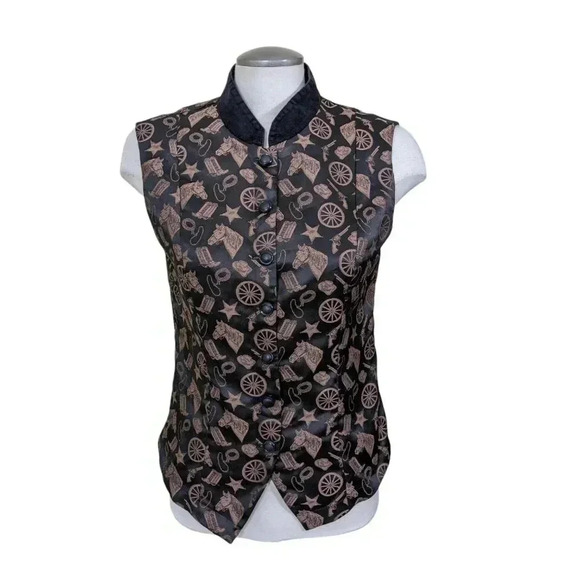 Banjo Tops - Vintage Vest Womens Med Cowboy Boots Horse Novelty  Print Banjo Dallas Texas USA